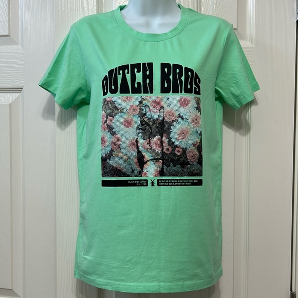 Dutch Bros short sleeve cotton T-shirt,size Small. Floral Peace Top color green - Picture 1 of 6